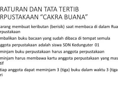 PERATURAN DAN TATA TERTIB PERPUSTAKAAN CAKRA BUANA SDN KEDUNGUTER 01